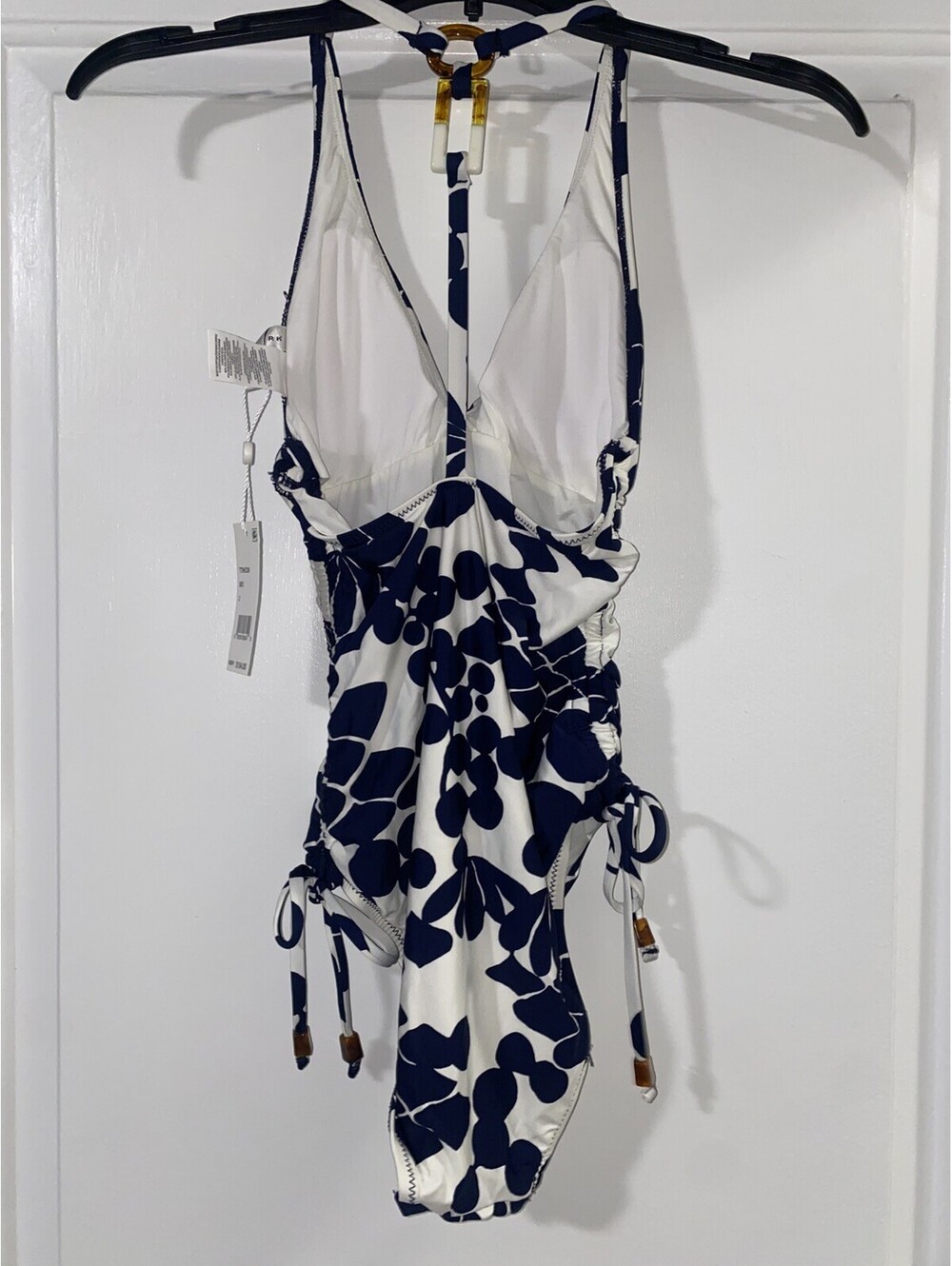 Trina Turk White Blue Floral Drawstring One-Piece bathing Suit Swimsuit Size 2 - Picture 5 of 7